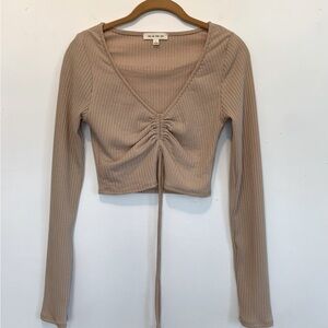 Long Sleeve Shirring Drawstring Crop Top